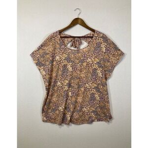 Cato Floral Knit‎ Top Womens 22/24W Multicolor Boho Back Tie Cutout Short Sleeve